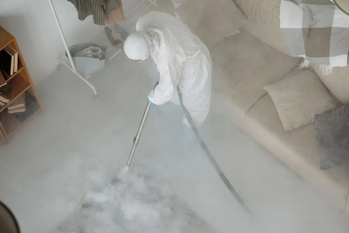 Biohazard cleanup technician in protective equipment, Chattanooga Valley, GA
